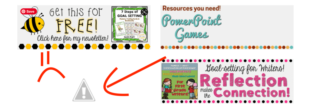 Three colorful GIF TpT Quote Banners and one image error icon with a red frown and an arrow pointing to the icon on a white background.