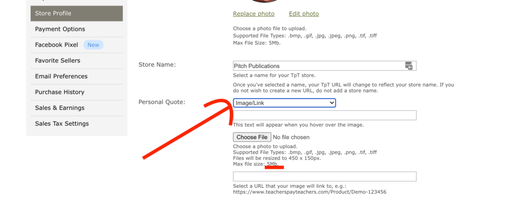A red arrow points to a dropdown menu labeled "Personal Quote" with the option "ImageLink" selected, ideal for customizing your store profile with GIF TpT Quote Banners.