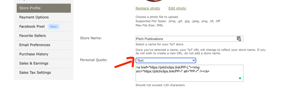 A website settings page with options for store name and personal quote, featuring a dropdown menu set to "Text"—perfect for customizing your GIF TpT Quote Banners, with an arrow highlighting the selected option.