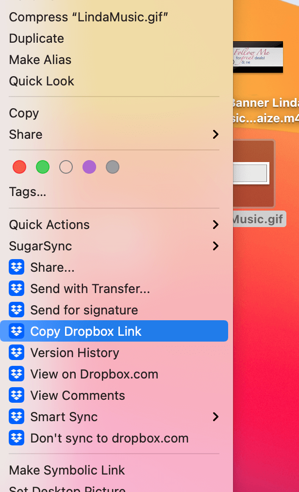 A contextual menu on a Mac desktop showing file options, with "Copy Dropbox Link" highlighted in blue—perfect for organizing GIF TpT Quote Banners.