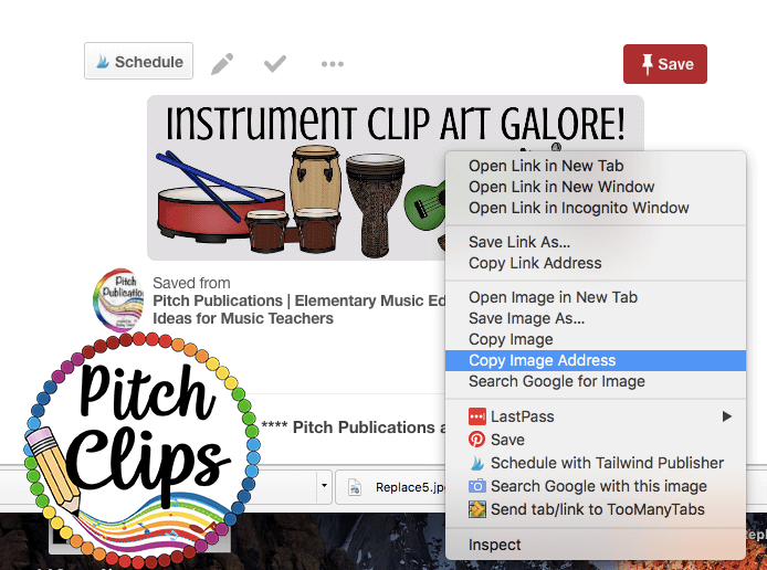 A Pinterest page displays an image of percussion instruments with a right-click menu open, highlighting the "Copy Image Address" option. The "Pitch Clips" logo and GIF TpT Quote Banners appear at the bottom left.