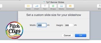 A dialog box displays options to set a custom slide size for GIF TpT Quote Banners with width 900 pts and height 300 pts, alongside "Cancel" and "OK" buttons. A "Pitch Clips" logo appears in the bottom left corner.