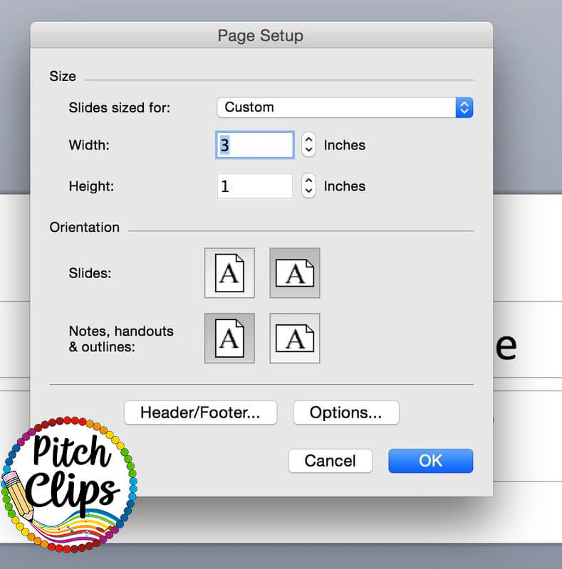 A Page Setup dialog box displays custom slide size options set to 3 inches wide by 1 inch high, perfect for creating GIF TpT Quote Banners. Orientation and other settings are visible, with a "Pitch Clips" logo in the bottom left corner.
