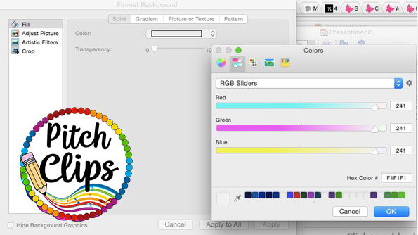 Screenshot showing a "Pitch Clips" logo on the left and a color selection window with RGB sliders open in a presentation software on the right—perfect for creating vibrant GIF TpT Quote Banners.