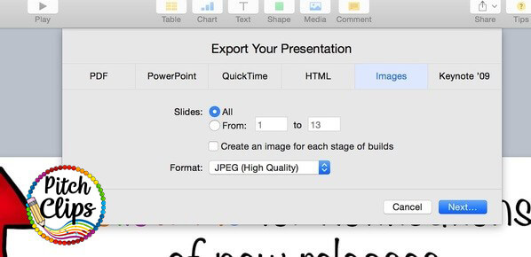 A computer screen shows an "Export Your Presentation" dialog with options to export slides as images in JPEG format, perfect for creating GIF TpT Quote Banners, displaying selection options and buttons for Cancel and Next.