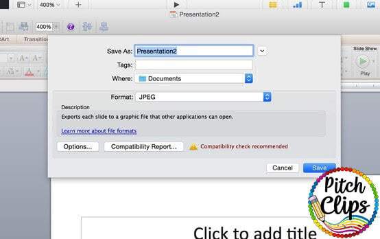 A screenshot shows a “Save As” dialog box for saving a presentation as a JPEG file in the Documents folder, with a compatibility check warning visible—ideal for creating GIF TpT Quote Banners.