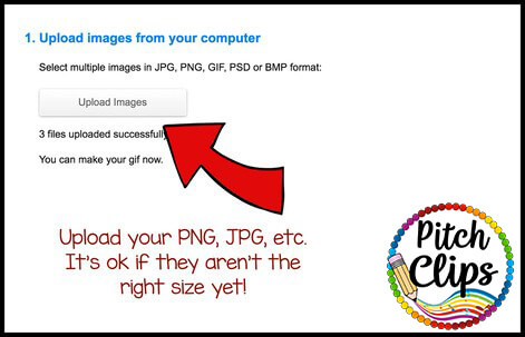 Screenshot of an image upload page showing three files uploaded, with instructions to upload images in PNG, JPG, GIF TpT Quote Banners, PSD, or BMP format. Red arrow and text offer extra tips.