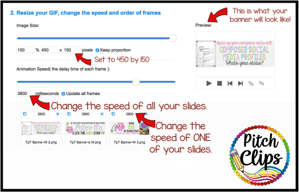 Screenshot of a GIF editor for creating GIF TpT Quote Banners, featuring options to resize images, adjust animation speed for all or individual slides, and a preview area with a sample animated banner. Pitch Clips logo appears in the corner.