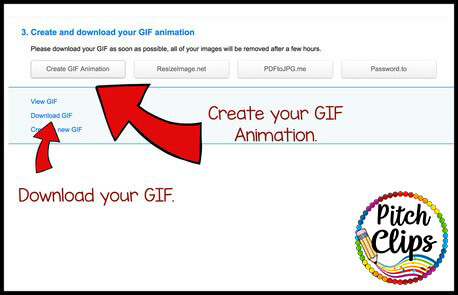 Screenshot of a webpage with instructions for creating and downloading GIF TpT Quote Banners, featuring large red arrows highlighting relevant buttons and links.