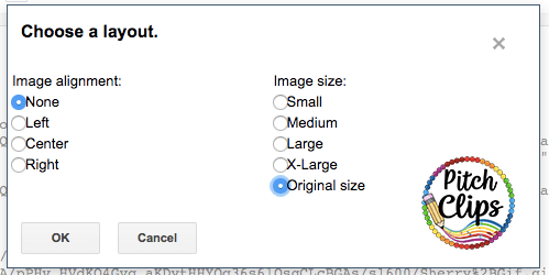 Layout selection window with options for image alignment (None, Left, Center, Right) and image size (Small to Original); perfect for customizing GIF TpT Quote Banners—"Original size" and "None" are selected.