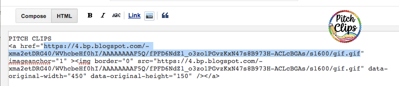 Screenshot of an email draft displaying HTML code for embedding an image, with a "Pitch Clips" logo and GIF TpT Quote Banners visible on the right side.