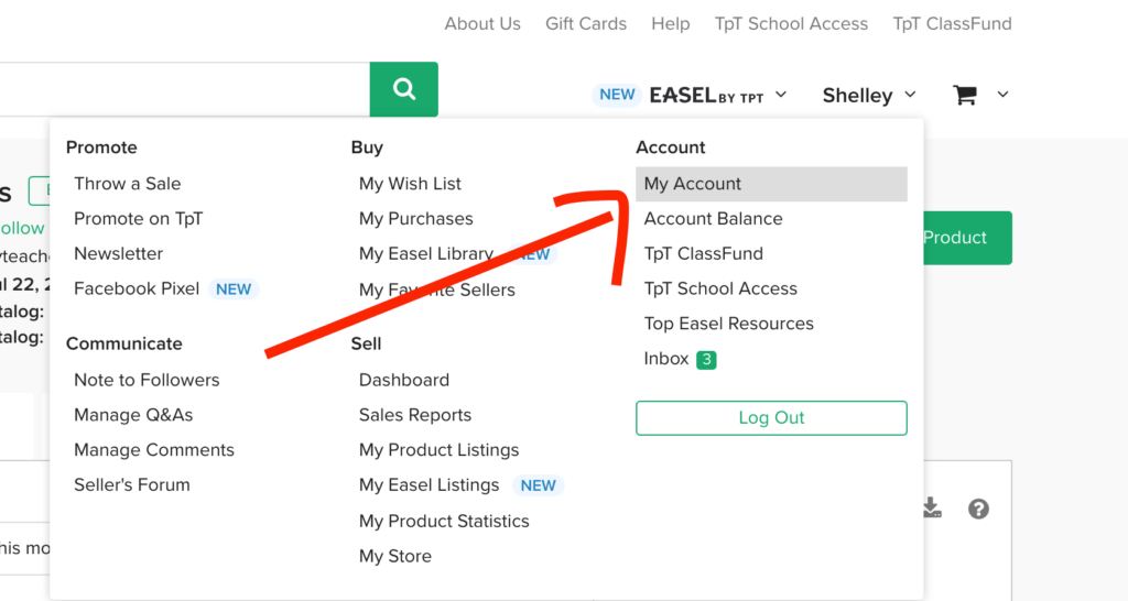 A red arrow points to "My Account" in the Account dropdown menu on the Teachers Pay Teachers website, highlighting where to access your GIF TpT Quote Banners.