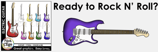 Digital illustration of a purple electric guitar, featuring various colored electric guitar clipart on the left and the text "Ready to Rock N' Roll?" at the top—perfect for GIF TpT Quote Banners.