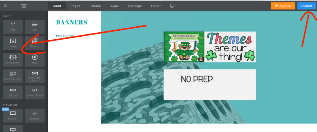 Screenshot of a website editor showing a page titled "BANNERS" with image and text elements; arrows highlight the "Image" button and the "Publish" button—perfect for creating GIF TpT Quote Banners.