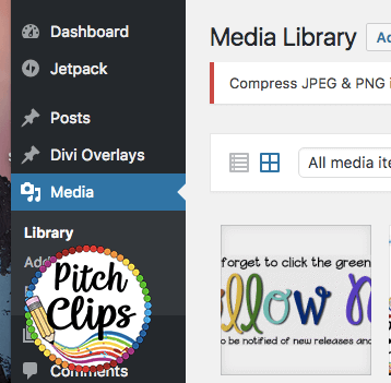Screenshot of the WordPress dashboard showing the Media Library section and a partial view of uploaded GIF TpT Quote Banners among other media files.