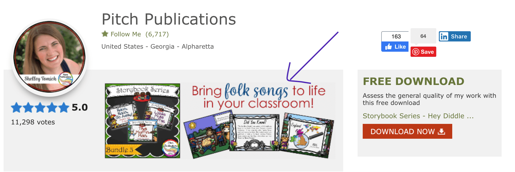 Header for Pitch Publications featuring a profile photo, ratings, a folk songs classroom resources ad, GIF TpT Quote Banners, and a free download button for educational materials.